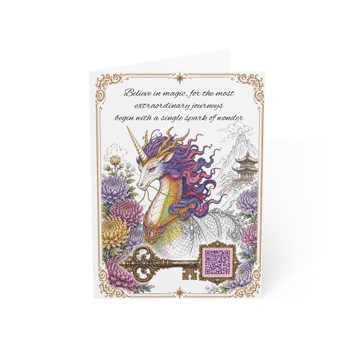 Qilin (Kirin) Unicorn - Greeting Card with a Magical Key (Envelope Included) (Set of 1 or 10)